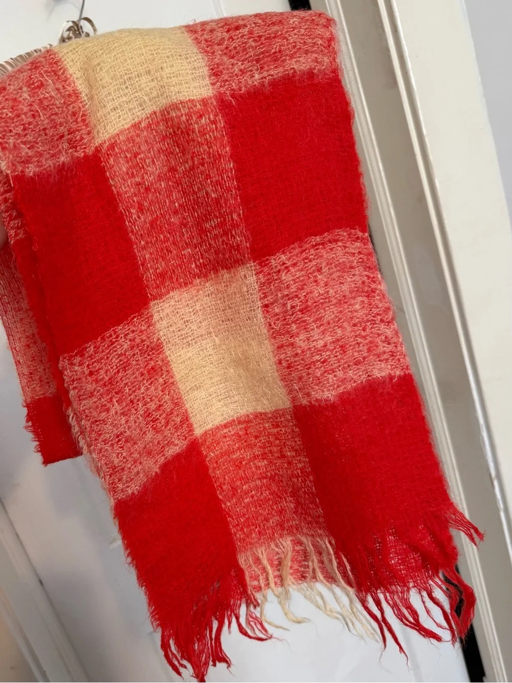 Vintage Red and Cream Check Wool Scarf